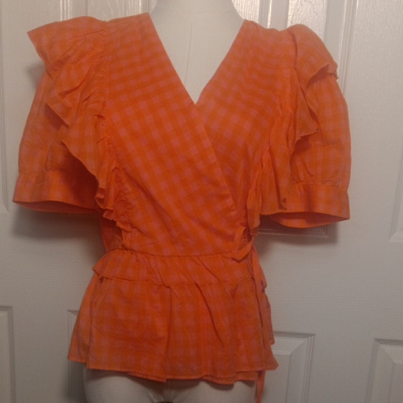 J. Crew Bright Pink Checkered Ruffle Blouse - Picture 3 of 16
